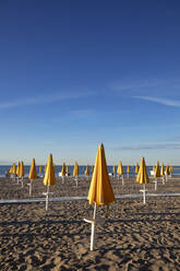 Italy, Friuli Venezia Giulia, Grado, Beach umbrellas on empty beach - WWF06228