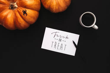 Flay lay Herbst Kürbisse mit Süßes oder Saures Karte Tasse Kaffee. Flat lay Konzept von Halloween auf schwarzem Hintergrund. - JLPSF18750