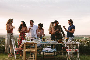 Eine Gruppe von Freunden trinkt auf einer Party im Garten. Millennials genießen eine Dinnerparty im Freien. - JLPSF18954