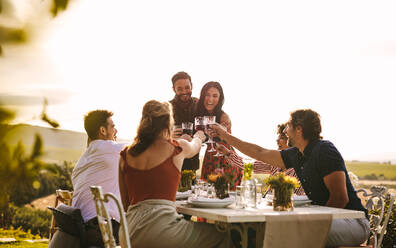 Host couple toasting drinks with friends at dinner party. Cheerful people celebrating with drinks at party. - JLPSF18990