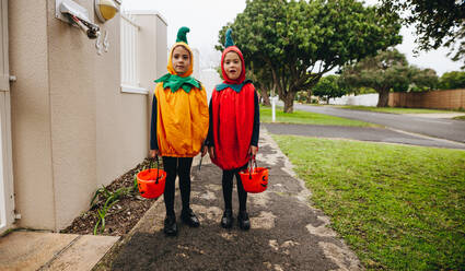 Junge Mädchen im Halloween-Kostüm stehen vor einem Haus mit Halloween-Eimern, bereit für Süßes oder Saures. Kinder in Kürbiskostümen machen Süßes oder Saures an Halloween. - JLPSF19039