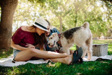 Junges Paar spielt mit ihrem Hund beim Picknick im Park. Frau und Frau haben Spaß mit Hund im Park. - JLPSF19232