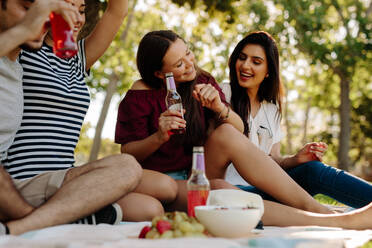 Junge Frau kichert und lächelt mit Freunden beim Picknick. Gruppe von Freunden mit Bieren im Park. - JLPSF19252