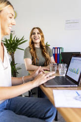 Lächelnde Geschäftsfrauen am Schreibtisch in einer Bürobesprechung - WPEF06647