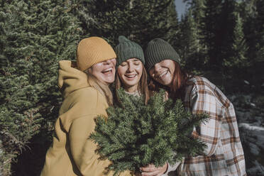 Frauen lachen und bedecken ihre Augen mit Strickmützen im Wald - VBUF00203