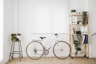 Bicycle by shelf in front of white wall at modern office - EBBF06830