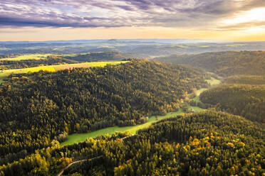 Germany, Baden-Wurttemberg, Drone view of Haselbachtal valley in autumn - STSF03578