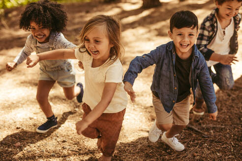Bezaubernde Kinder, die in einem Park einen Hügel hinauflaufen. Eine Gruppe von Kindern spielt zusammen im Wald. - JLPSF19511