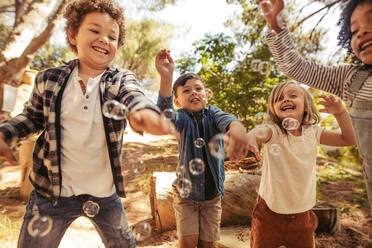 Eine Gruppe von vier Kindern hat Spaß mit Seifenblasen im Wald. Die Freunde versuchen, die Seifenblasen zu fangen und spielen zusammen. - JLPSF19526