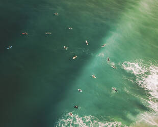 Aerial view of surfers, Bidart, France. - AAEF16255