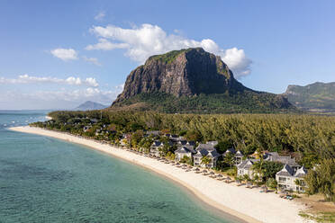 Aerial view of resorts along the beach in Le Morne, Black River state, Mauritius. - AAEF16405