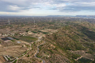 Spain, Catalonia, Les Garrigues, Aerial view of countryside wind farm - OCAF00788