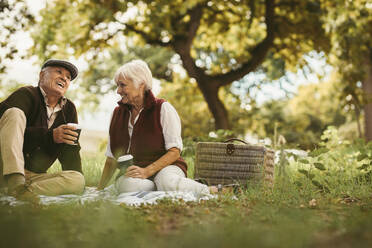 Porträt eines schönen älteren Paares, das auf einer Decke im Freien sitzt und die gemeinsame Zeit genießt. Altes Paar beim Picknick im Wochenendurlaub. - JLPSF19910