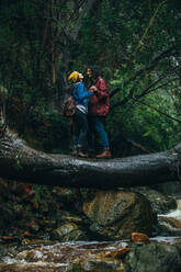 Liebendes junges Paar, das zusammen auf einem Baumstamm steht und sich im Regen im Wald gegenübersteht. Paar genießt im Regen im Wald. - JLPSF20057