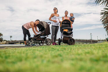 Junge Mütter stehen mit ihren Babys im Kinderwagen in einem Park. Aktive Mütter entspannen sich nach einem Morgenspaziergang im Park mit ihren Kindern. - JLPSF20078