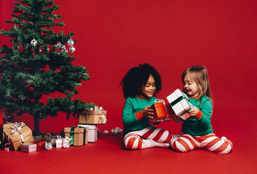 Kleine Mädchen sitzen neben einem Weihnachtsbaum und spielen mit ihren Geschenkboxen. Kinder tauschen Weihnachtsgeschenke mit einem geschmückten Weihnachtsbaum und Geschenkboxen im Hintergrund. - JLPSF20437