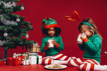 Zwei kleine Mädchen sitzen neben einem Weihnachtsbaum und trinken Milch. Zwei Kinder essen Kekse mit Milch und sitzen neben einem geschmückten Weihnachtsbaum. - JLPSF20445
