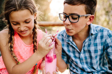 Nahaufnahme von verliebten Kindern, die im Freien sitzen und einen Smoothie mit zwei Strohhalmen trinken. Ein lächelnder Junge und ein Mädchen, die sich einen Milchshake teilen, sitzen im Freien. - JLPSF20835