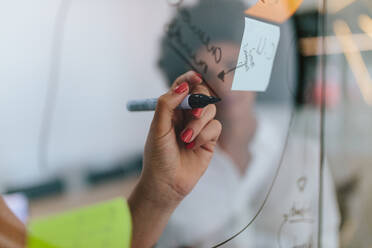 Nahaufnahme einer Frau, die in einem Konferenzraum auf eine transparente Tafel mit Haftnotizen schreibt. Geschäftsfrauen diskutieren in einem Konferenzraum über eine neue Geschäftsstrategie. - JLPSF21131