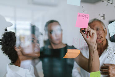 Business colleagues working on project together. Business woman writing on sticky note on glass wall with coworkers standing by in office. - JLPSF21134