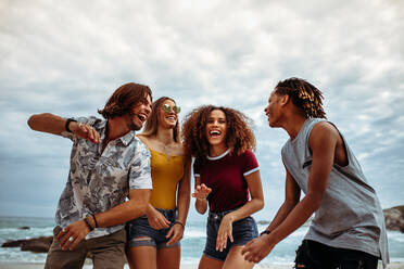 Lächelnde Gruppe von Freunden, die sich am Strand vergnügen. Multi-ethnische Männer und Frauen, die sich am Strand vergnügen. - JLPSF21536