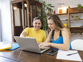 Happy businesswoman using laptop sitting by colleague at table - AMRF00118