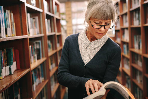 Porträt einer älteren Frau, die in einer Bibliothek neben den Bücherregalen ein Buch liest. Ältere Frau, die in einer Universitätsbibliothek ein Nachschlagewerk durchblättert. - JLPSF22277
