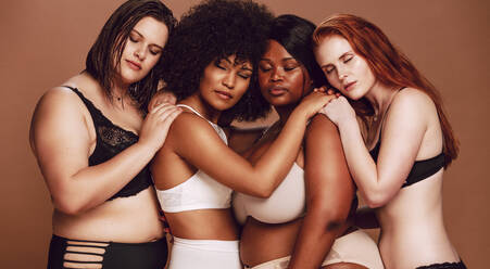 Multi-ethnic group of beautiful women posing in underwear in a beauty studio  - Multicultural fashion models showing their beautiful bodies as they are,  concepts about beauty, acceptance and diversity stock photo