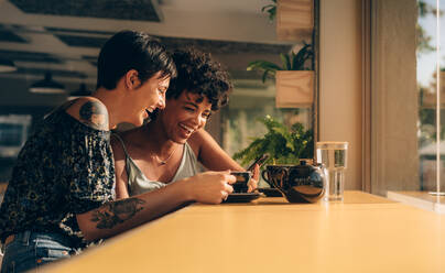 Two young women using a smart phone at coffee shop. Two smiling female friends using a mobile phone at a restaurant. - JLPSF23116