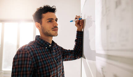 Geschäftsmann, der in der Nähe eines Whiteboards steht und einen Stift hält. Unternehmer, der Geschäftsideen und Pläne auf einem Brett diskutiert. - JLPSF23305