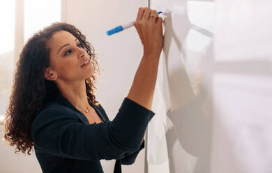 Businesswoman writing on a whiteboard using a marker pen. Woman entrepreneur discussing business ideas and plans on a board in office. - JLPSF23308