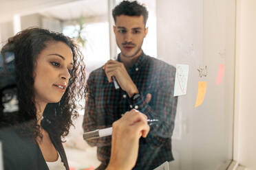 Bürokollegen diskutieren Geschäftsideen und -pläne auf einer transparenten Glastafel. Geschäftsfrau schreibt auf Haftnotizen, die auf eine transparente Glaswand im Büro geklebt sind. - JLPSF23316