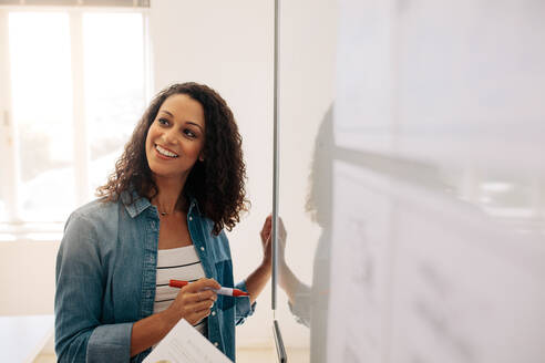 Lächelnde Geschäftsfrau, die im Büro auf ein Whiteboard schreibt. Unternehmerin, die mit einem Whiteboard Geschäftspläne und Ideen diskutiert. - JLPSF23345