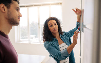 Woman entrepreneur discussing business ideas and plans on a board in office. Businesswoman writing on a whiteboard and explaining while her colleague is listening. - JLPSF23346