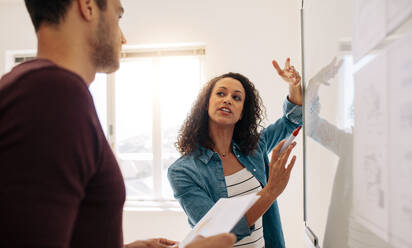 Woman entrepreneur discussing business ideas and plans on a board in office. Businesswoman writing on a whiteboard and explaining while her colleague is listening. - JLPSF23347