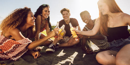 Eine Gruppe von Freunden sitzt im Freien auf einem Plaid und stößt mit Bierflaschen an. Junge Männer und Frauen trinken an einem Sommertag Bier. - JLPSF23523