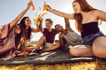 Multiethnische Freunde sitzen im Freien auf einem Plaid und stoßen mit Bier an. Junge Männer und Frauen feiern an einem Sommertag eine Party im Freien. - JLPSF23524