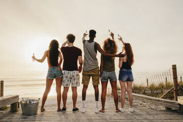 Rear view of young friends standing on boardwalk at the beach raising beer bottle at the sea. Group of friends having party at the beach. - JLPSF23557