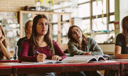 Schöne junge Frau sitzt in der Klasse mit Klassenkameraden um die Aufmerksamkeit auf den Vortrag zu zahlen. Junge Menschen studieren an der High School. - JLPSF23786