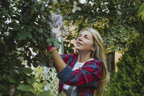 Woman picking flowers in garden - MDOF00168