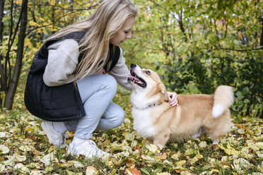 Blonde Frau streichelt Hund im Herbstwald - EYAF02290