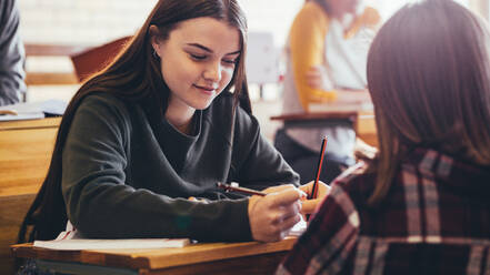 Mädchen sitzen am Schreibtisch im Klassenzimmer. Studentinnen lernen zusammen in der High School. - JLPSF24388