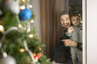 Happy father with son looking at Christmas tree through window - ANAF00335