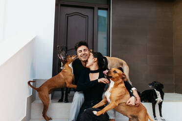 Couple having wholesome fun with their playful dogs at home. Two happy pet owners laughing while sitting on the porch with their family of adorable dogs. - JLPSF24913