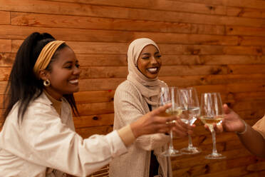 Verschiedene Freunde stoßen mit Trinkgläsern in einem Restaurant an. Eine Gruppe multikultureller Freundinnen feiert ihre Freundschaft. Fröhliche junge Frauen genießen ein gemütliches Beisammensein am Wochenende. - JLPSF25181