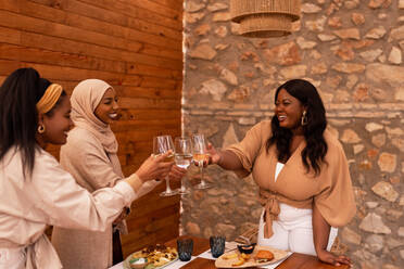 Fröhliche Freundinnen stoßen in einem Restaurant mit Trinkgläsern an. Eine Gruppe multikultureller Freundinnen feiert ihre Freundschaft. Verschiedene junge Frauen genießen ein Wiedersehensessen am Wochenende. - JLPSF25182