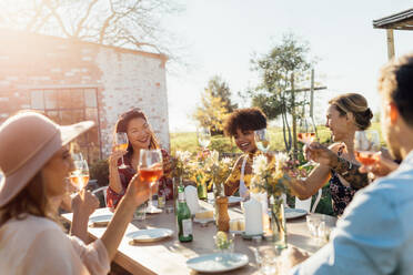 Eine Gruppe junger Freunde, die bei einer Party im Freien mit Getränken abhängen. Junge Männer und Frauen sitzen um einen Tisch und stoßen mit Wein an. - JLPSF25811