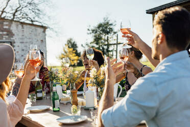 Friends toasting drinks at a party. Young people hanging out at outdoors restaurant and enjoying drinks. - JLPSF25974