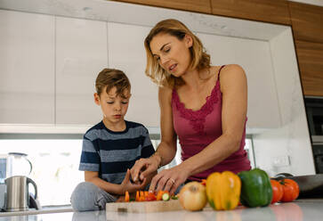 Mutter hilft Sohn beim Schneiden von frischem Gemüse in der Küche. Frau mit kleinem Jungen beim Kochen zu Hause. - JLPSF26040