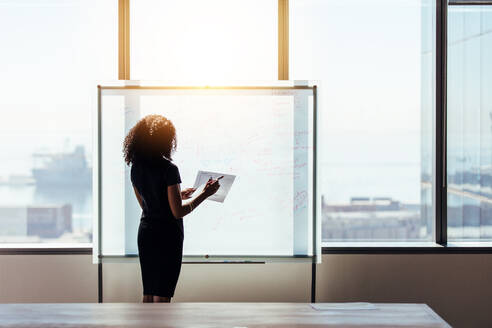 Rückansicht einer Geschäftsfrau, die im Büro auf ein Whiteboard schreibt. Geschäftsinvestor mit Papieren und Stift vor einer Präsentationstafel stehend. - JLPSF26070